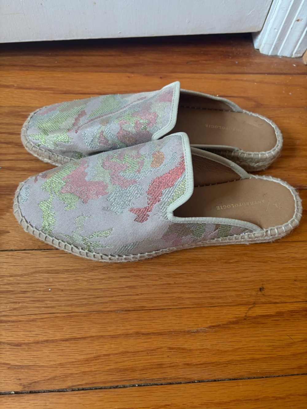 Anthropologie Floral Jacquard Espadrille Mules in Pink and Green
